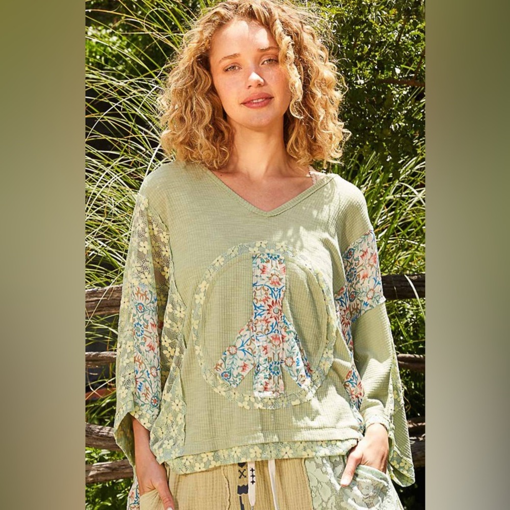 136B. Oversized Floral Peace Patch Lace Top - Sage Yellow
